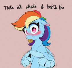 Size: 1000x952 | Tagged: safe, artist:inkypuso, rainbow dash, pegasus, pony, g4, blatant lies, blushing, caught, chest fluff, cookie, cookie thief, cute, dashabetes, dialogue, ear blush, embarrassed, eyebrows, eyebrows visible through hair, feather fingers, female, fingers together, floppy ears, food, looking at you, mare, mouth hold, muffled words, nervous sweat, red background, simple background, solo, sweat, talking to viewer, wing hands, wings