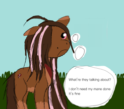 Size: 2184x1909 | Tagged: safe, artist:lil rocky road, derpibooru exclusive, oc, oc:lil%20rocky%20road, pegasus, pony, series:rocky road, bandana, concept, frown, grass, idea, messy mane, sky, solo, sunglasses, text, thought bubble, wingless