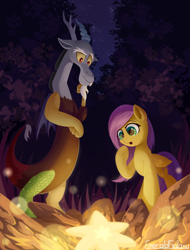 Size: 1900x2500 | Tagged: safe, artist:emeraldgalaxy, discord, fluttershy, draconequus, pegasus, pony, g4, 2020, duo, duo male and female, eyebrows, fallen star, female, fire, folded wings, high res, looking at something, male, mare, night, night sky, open mouth, outdoors, raised hoof, signature, sky, stars, wings