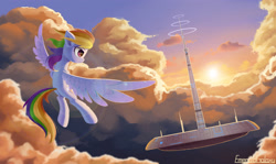 Size: 3700x2200 | Tagged: safe, artist:emeraldgalaxy, rainbow dash, pegasus, pony, fallout equestria, g4, cloud, fanfic, fanfic art, female, flying, high res, hooves, mare, ministry mares, signature, single pegasus project, sky, solo, spread wings, wings