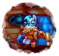 Size: 1450x1400 | Tagged: safe, artist:whitediamonds, applejack, rarity, earth pony, pony, unicorn, rarijack daily, g4, applejack's hat, clothes, coat, couch, cowboy hat, duo, duo female, eyebrows, eyebrows visible through hair, eyes closed, fanfic art, female, freckles, glowing, glowing horn, hat, horn, how far away you roam, indoors, lesbian, looking at someone, magic, mare, ship:rarijack, shipping, signature, sleeping, smiling, window