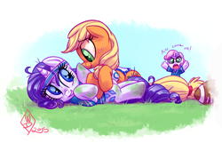 Size: 1750x1125 | Tagged: safe, artist:whitediamonds, applejack, rarity, sweetie belle, earth pony, pony, unicorn, rarijack daily, g4, american football, belle sisters, boop, clothes, cute, dirty, eyebrows, eyebrows visible through hair, female, filly, foal, freckles, grass, grin, hatless, hoofball, horn, indianapolis colts, lesbian, lying down, mare, missing accessory, nfl, oh come on, on back, open mouth, ship:rarijack, shipping, siblings, signature, sisters, smiling, sports, sweat, sweatband, trio