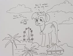 Size: 2215x1689 | Tagged: safe, artist:pony quarantine, oc, oc only, pony, unicorn, mare fair, dialogue, female, ferris wheel, giant pony, grayscale, helicopter, macro, mare, monochrome, name tag, solo, teary eyes, traditional art