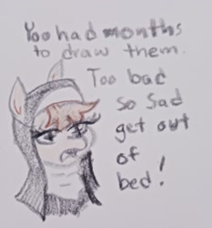 Size: 1836x1970 | Tagged: safe, artist:pony quarantine, oc, oc only, earth pony, pony, bust, crayon drawing, dialogue, female, mare, solo, talking to viewer, traditional art, unusual pupils