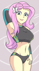 Size: 1860x3348 | Tagged: safe, artist:sumin6301, fluttershy, human, equestria girls, g4, arm behind head, belly button, breasts, busty fluttershy, butterfly hairpin, clothes, female, high res, legs together, looking at you, midriff, smiling, smiling at you, solo, swimsuit, two-piece swimsuit