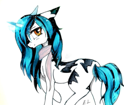 Size: 1078x918 | Tagged: safe, artist:hysteriana, oc, oc only, oc:evening lake, oc:lake, pony, unicorn, adult blank flank, amber eyes, blank flank, blue mane, blushing, clothes, cute, female, horn, light skin, looking at you, lovely, magic, magic aura, mare, orange eyes, scarf, simple background, snow, snowfall, solo, spots, spotted, unicorn oc, white background, winter