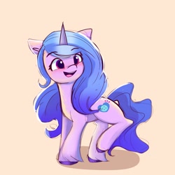 Size: 2048x2048 | Tagged: safe, artist:nari_artsz, izzy moonbow, pony, unicorn, g5, cute, eyebrows, eyebrows visible through hair, female, high res, horn, izzybetes, mare, open mouth, open smile, raised leg, shadow, simple background, smiling, solo, tan background, unshorn fetlocks