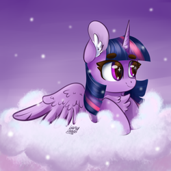Size: 4000x4000 | Tagged: safe, artist:lazybread, twilight sparkle, alicorn, pony, g4, absurd resolution, bust, chest fluff, cloud, cute, ear fluff, eyebrows, eyebrows visible through hair, female, horn, mare, night, night sky, on a cloud, signature, sky, smiling, solo, sparkly eyes, spread wings, stars, three quarter view, twiabetes, twilight sparkle (alicorn), wingding eyes, wings