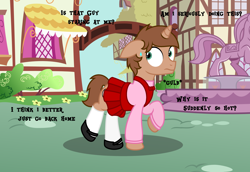 Size: 4500x3095 | Tagged: safe, artist:peternators, oc, oc only, oc:heroic armour, pony, unicorn, g4, clothes, colt, crossdressing, dress, ears back, foal, fountain, inner thoughts, male, mary janes, nervous, ponyville, raised leg, shoes, shy, socks, solo, statue, sweat, sweatdrop, sweater, teenager, text, thigh highs, walking