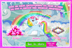 Size: 1957x1297 | Tagged: safe, gameloft, idw, moonstone, pony, unicorn, g1, g4, my little pony: magic princess, official, advertisement, bow, costs real money, english, female, fence, gem, horn, idw showified, introduction card, mare, mobile game, numbers, rainbow ponies, sale, solo, tail, tail bow, text
