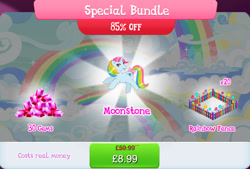 Size: 1266x857 | Tagged: safe, gameloft, idw, moonstone, pony, unicorn, g1, g4, my little pony: magic princess, official, bow, bundle, costs real money, english, female, fence, gem, horn, idw showified, mare, mobile game, numbers, sale, solo, tail, tail bow, text