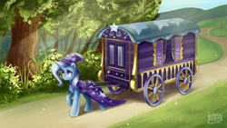 Size: 2560x1440 | Tagged: safe, artist:lazybread, trixie, pony, unicorn, g4, brooch, cape, clothes, eyebrows, female, grass, hat, horn, jewelry, mare, outdoors, pulling, raised hoof, signature, solo, tree, trixie's brooch, trixie's cape, trixie's hat, trixie's wagon, wagon, wizard hat
