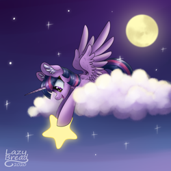 Size: 4000x4000 | Tagged: safe, artist:lazybread, twilight sparkle, alicorn, pony, g4, absurd resolution, cloud, ear fluff, female, full moon, horn, looking at something, mare, moon, night, night sky, on a cloud, open mouth, open smile, signature, sky, smiling, solo, sparkles, spread wings, stars, tangible heavenly object, twilight sparkle (alicorn), wings, ych result