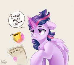 Size: 4000x3500 | Tagged: safe, artist:lazybread, twilight sparkle, alicorn, pony, g4, ..., 2022, alternate hairstyle, coffee, coffee mug, eyebrows, female, floppy ears, glowing, glowing horn, high res, horn, levitation, magic, magic aura, mare, morning ponies, mug, open mouth, paper, signature, solo, sparkles, speech bubble, telekinesis, twiggie, twilight sparkle (alicorn), wings