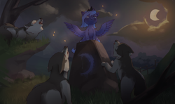 Size: 1796x1064 | Tagged: safe, artist:haku nichiya, princess luna, alicorn, firefly (insect), pony, wolf, g4, cloud, commission, commissioner:shaddar, crescent moon, eyes closed, howling, moon, night, night sky, open mouth, outdoors, sky, smiling, smirk, spread wings, tree, wings, young luna