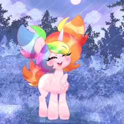 Size: 2000x2000 | Tagged: safe, artist:ladylullabystar, oc, oc only, oc:lady lullaby star, pony, unicorn, :3, cheek swirl, chest fluff, cloud, eyebrows, eyebrows visible through hair, eyes closed, female, full moon, grass, high res, horn, mare, moon, multicolored hair, open mouth, open smile, pigtails, rain, rainbow hair, smiling, solo, standing, unicorn oc, wet