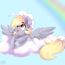 Size: 4000x4000 | Tagged: safe, artist:lazybread, derpy hooves, pegasus, pony, g4, absurd resolution, cloud, cute, derpabetes, eyebrows, eyebrows visible through hair, female, mare, on a cloud, open mouth, rainbow, signature, sky, solo, sparkles, spread wings, underhoof, wings