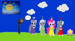 Size: 1080x599 | Tagged: safe, edit, limestone pie, marble pie, maud pie, pinkie pie, earth pony, pony, g4, baby sun, car, clothes, cosplay, costume, dipsy, flower, laa-laa, pie sisters, po, siblings, sisters, teletubbies, tinky winky, toy, toy car, voice trumpet
