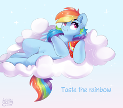 Size: 4000x3500 | Tagged: safe, artist:lazybread, rainbow dash, pegasus, pony, g4, candy, chest fluff, cloud, cute, dashabetes, ear fluff, eating, eyebrows, eyebrows visible through hair, female, food, high res, lying down, mare, on a cloud, on back, partially open wings, signature, skittles, sky, solo, sparkles, wings