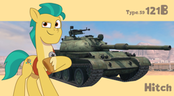 Size: 3485x1936 | Tagged: safe, artist:edy_january, artist:prixy05, edit, editor:edy_january, hitch trailblazer, earth pony, pony, g5, my little pony: tell your tale, 121b, simple background, solo, tank (vehicle), type 59, vector used, wallpaper, world of tanks, world of tanks blitz, wz 121, yellow background