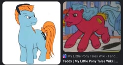 Size: 1080x573 | Tagged: safe, edit, edited screencap, screencap, teddy, earth pony, pony, g1, my little pony tales, angry, comparison, looking at each other, looking at someone, male, recolor, unamused