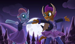 Size: 2200x1300 | Tagged: safe, artist:sirzi, ocellus, smolder, changedling, changeling, dragon, g4, spoiler:the owl house, amity blight, bipedal, changeling x dragon, commission, crossover, dancing, dragoness, duo, duo female, female, full moon, holding hands, interspecies, lesbian, lumity, luz noceda (the owl house), moon, night, night sky, scene interpretation, ship:smolcellus, shipping, sky, spoilers for another series, the owl house, tree