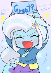 Size: 1933x2766 | Tagged: safe, artist:batipin, trixie, human, equestria girls, g4, blushing, chibi, clothes, excited, eyes closed, fangs, female, happy, jacket, open mouth, skirt, solo, zipper