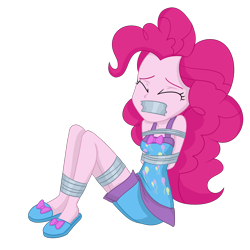 Size: 2000x2000 | Tagged: safe, artist:nie-martw-sie-o-mnie, pinkie pie, equestria girls, g4, bondage, bound and gagged, clothes, damsel in distress, female, gag, high res, kidnapped, nightgown, shorts, simple background, slippers, solo, tape, tape gag, tied up, transparent background
