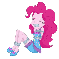 Size: 2000x2000 | Tagged: safe, artist:nie-martw-sie-o-mnie, pinkie pie, human, equestria girls, g4, bondage, bound and gagged, clothes, damsel in distress, eyes closed, female, gag, high res, kidnapped, nightgown, shorts, simple background, slippers, solo, tape, tape gag, tied up, transparent background