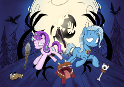 Size: 2388x1668 | Tagged: safe, artist:weiling, starlight glimmer, trixie, pony, unicorn, g4, crossover, cute, don't starve, moon, shadow, tree