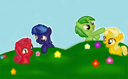 Size: 776x480 | Tagged: safe, artist:princessdaisyoficial, pony, unicorn, g4, colt, derp, dipsy, excited, female, filly, flower, foal, group, happy, laa-laa, male, open mouth, open smile, po, ponified, quartet, smiling, teletubbies, teletubbyland, tinky winky