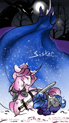 Size: 750x1333 | Tagged: safe, artist:mellow-mare, princess celestia, princess luna, pony, g4, female, filly, pink-mane celestia, sword, weapon, woona, younger