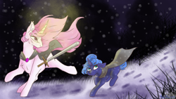 Size: 1920x1080 | Tagged: safe, artist:mellow-mare, princess celestia, princess luna, pony, g4, female, filly, magic, pink-mane celestia, running, sword, weapon, woona, younger