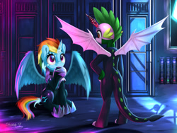 Size: 2400x1800 | Tagged: safe, artist:darksly, rainbow dash, spike, dragon, pegasus, pony, comic:the storm kingdom, g4, bodyguard spike, bodysuit, clothes, commander rainbow dash, crystal of light, duo, fake horn, female, latex, latex suit, male, ship:rainbowspike, shipping, storm king's emblem, straight, winged spike, wings