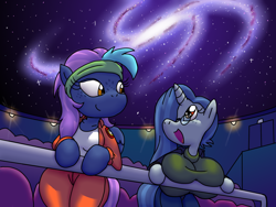 Size: 1600x1200 | Tagged: safe, artist:flash equestria photography, oc, oc:freefall, oc:moonstone shine, anthro, semi-anthro, arm hooves, female, galaxy, planetarium