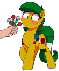 Size: 1120x1360 | Tagged: safe, artist:thebatfang, oc, oc only, oc:blocky bits, earth pony, pony, blushing, female, flower, lego, mare, offering, offscreen character, offscreen human, raised hoof, simple background, solo focus, white background