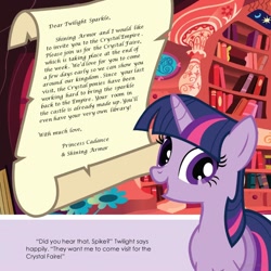 Size: 1280x1280 | Tagged: safe, twilight sparkle, pony, unicorn, g4, my little pony: welcome to the crystal empire!, official, book, book page, dialogue, female, golden oaks library, mare, open mouth, open smile, smiling, solo, text, unicorn twilight, welcome to the crystal empire