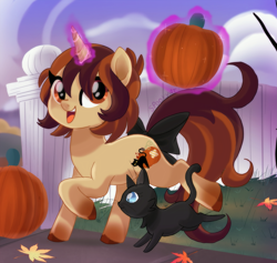 Size: 2493x2368 | Tagged: safe, artist:spookyle, oc, oc only, oc:pumpkin patch, cat, pony, unicorn, female, high res, leaves, mare, pumpkin, solo