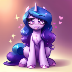 Size: 3072x3072 | Tagged: safe, ai assisted, ai content, generator:easyfluff v11.2, prompter:shad0w-galaxy, izzy moonbow, pony, unicorn, g5, :p, chest fluff, cute, eyebrows, eyebrows visible through hair, female, fluffy, gradient background, heart, high res, hooves, izzybetes, looking at you, mare, sitting, solo, sparkles, tongue out, unshorn fetlocks