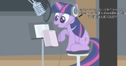 Size: 600x314 | Tagged: safe, artist:dm29, edit, twilight sparkle, pony, unicorn, g4, animated actors, magic, meme, microphone, recording booth, recording studio, singing, solo, tara strong, telekinesis, twilightlicious, unicorn twilight, voice actor joke