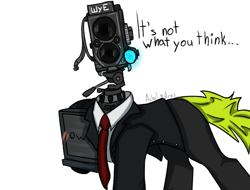 Size: 2164x1644 | Tagged: safe, artist:ashel_aras, object pony, original species, pony, ambiguous gender, blushing, camerapony, clothes, cyrillic, jacket, meme, necktie, owo, ponified, rule 85, russian, simple background, sketch, skibidi toilet, solo, suit, television, text, white background