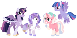 Size: 1242x618 | Tagged: safe, artist:disasterisk, artist:selenaede, artist:strawberry-spritz, derpibooru exclusive, clear sky, twilight sparkle, wind sprint, oc, oc:twilight skies, g4, alternate design, bags under eyes, body markings, bow, chest fluff, closed mouth, cloven hooves, coat markings, colored hooves, crack shipping, cyan eyes, facial markings, female, flying, freckles, frown, golden eyes, grin, group, hair bow, hoof on chest, horn, horn ring, lesbian, magenta eyes, magical lesbian spawn, mother and child, mother and daughter, next generation, offspring, older, older wind sprint, open mouth, parent:clear sky, parent:twilight sparkle, purple eyes, quartet, raised hoof, ring, ship:clearlight, shipping, simple background, smiling, socks (coat markings), spread wings, standing, unshorn fetlocks, white background, wings