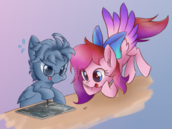 Size: 3513x2635 | Tagged: safe, artist:kaf_pone, oc, oc only, oc:kaf, oc:zeph, pegasus, pony, bow, computer, duo, electronics, folded wings, glasses, gradient background, hair bow, high res, hooves on cheeks, laptop computer, looking at something, open mouth, pegasus oc, repairing, screwdriver, spread wings, sweat, table, tongue out, wings