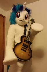 Size: 1440x2220 | Tagged: dead source, safe, artist:atalonthedeer, dj pon-3, vinyl scratch, human, pony, unicorn, anthro, g4, 2015, electric guitar, fursuit, guitar, irl, irl human, les paul, looking at you, looking down, looking down at you, musical instrument, photo, ponysuit, raised hoof, solo, strap, underhoof