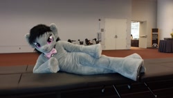 Size: 1024x576 | Tagged: dead source, safe, artist:atalonthedeer, octavia melody, earth pony, human, pony, anthro, g4, 2015, anthrocon, bedroom eyes, convention, draw me like one of your french girls, flirting, flirty pose, fursuit, horseshoes, irl, irl human, looking at you, lying down, on side, photo, ponysuit, solo, underhoof