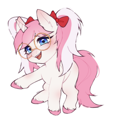 Size: 1704x1806 | Tagged: safe, artist:ruru_01, oc, oc only, oc:fuufi, pony, unicorn, bow, female, filly, foal, glasses, hair bow, hoof fluff, looking at you, open mouth, open smile, ponytails, raised hoof, simple background, smiling, smiling at you, solo, unshorn fetlocks, white background
