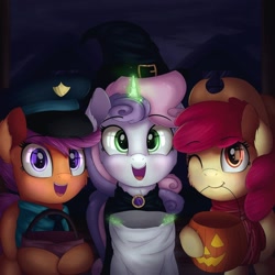 Size: 1024x1024 | Tagged: safe, artist:vanillaghosties, edit, editor:daemon, apple bloom, scootaloo, sweetie belle, earth pony, pegasus, pony, unicorn, g4, adorabloom, clothes, costume, cowboy hat, cowgirl, cute, cutealoo, cutie mark crusaders, diasweetes, female, filly, foal, glowing, glowing horn, halloween, hat, holiday, horn, looking at you, magic, nightmare night, one eye closed, police, pumpkin bucket, telekinesis, trick or treat, trio, witch