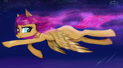 Size: 1280x711 | Tagged: safe, artist:hysteriana, oc, oc:mary flitch, pegasus, pony, flying, full body, heterochromia, magic, magic aura, night, night sky, pegasus oc, phone drawing, pink mane, shiny, sky, solo, space, stars, the cosmos, wings, wings down