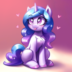 Size: 3072x3072 | Tagged: safe, ai assisted, ai content, prompter:shad0w-galaxy, izzy moonbow, pony, unicorn, g5, :p, chest fluff, cute, ear fluff, female, heart, heart eyes, high res, hooves, izzybetes, mare, simple background, sitting, solo, tongue out, unshorn fetlocks, wingding eyes