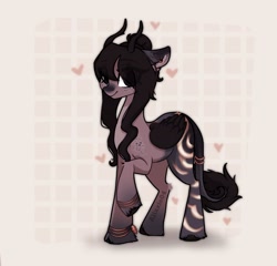 Size: 1950x1870 | Tagged: safe, artist:_alixxie_, oc, pegasus, pony, abstract background, antlers, ear piercing, eye clipping through hair, female, folded wings, full body, heart, looking at you, mare, piercing, raised hoof, solo, standing, unshorn fetlocks, watermark, wings